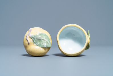 A small polychrome French faience apple-shaped tureen and cover, 18th C.