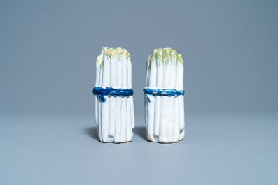 A pair of polychrome Brussels faience asparagus-shaped casters, 18th C.
