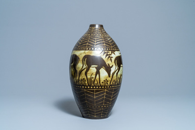 Charles Catteau for Boch Fr&egrave;res K&eacute;ramis: a large stoneware vase with deer, ca. 1930