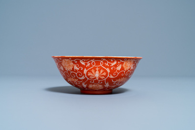 A Chinese coral red-ground bowl, Daoguang mark, Republic