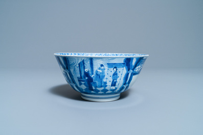 Een Chinese blauw-witte 'Xi Xiang Ji' kom, Kangxi merk en periode