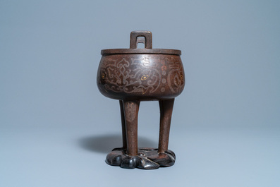 A Chinese inlaid bronze tripod censer on wooden stand, Ming