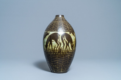 Charles Catteau for Boch Fr&egrave;res K&eacute;ramis: a large stoneware vase with deer, ca. 1930