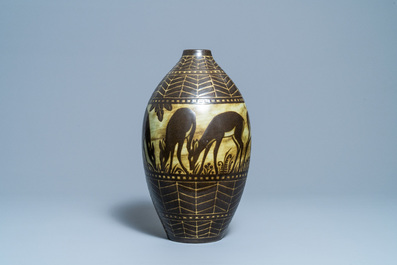 Charles Catteau for Boch Fr&egrave;res K&eacute;ramis: a large stoneware vase with deer, ca. 1930