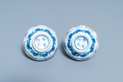 Une paire de bols en porcelaine de Chine en bleu, blanc et rouge de cuivre, marque &agrave; 4 caract&egrave;res, 19/20&egrave;me