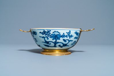A Chinese blue and white Augsburg gilt-mounted bowl, ex- coll. August the Strong, Kangxi