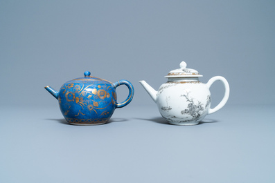 A Chinese gilt-decorated powder blue teapot and one in grisaille, Kangxi/Yongzheng