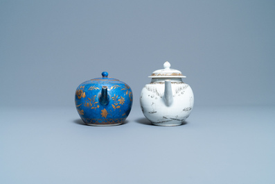 A Chinese gilt-decorated powder blue teapot and one in grisaille, Kangxi/Yongzheng