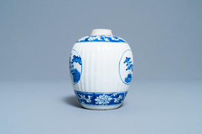 A Chinese blue and white tea caddy, six cups, two saucers and two plates, Kangxi/Yongzheng