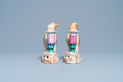 A pair of Chinese famille rose bird-shaped candlesticks, Jiaqing