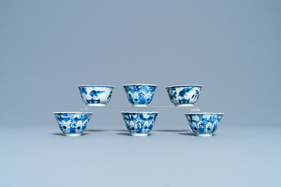 A Chinese blue and white tea caddy, six cups, two saucers and two plates, Kangxi/Yongzheng