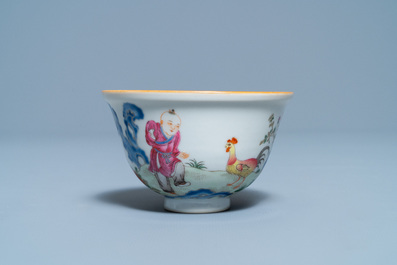 A Chinese famille rose 'chicken' cup, Qianlong mark, 19/20th C.