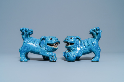 A pair of Chinese robin's egg-glazed models of Buddhist lions, 19th C.