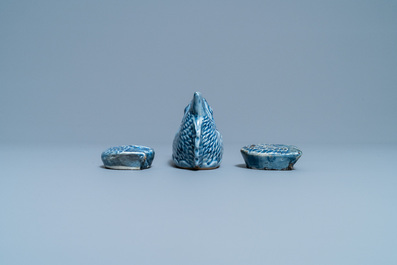 Three Korean blue-glazed fish-shaped water droppers, Joseon, 19th C.