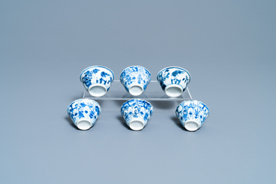 A Chinese blue and white tea caddy, six cups, two saucers and two plates, Kangxi/Yongzheng