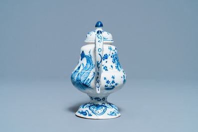 A rare Dutch Delft blue and white 'cadogan' ewer, 1st half 18th C.