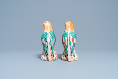 A pair of Chinese famille rose bird-shaped candlesticks, Jiaqing