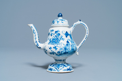 A rare Dutch Delft blue and white 'cadogan' ewer, 1st half 18th C.