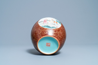 A Chinese gilt-decorated caf&eacute;-au-lait-ground famille rose vase, Qianlong mark, 20th C.