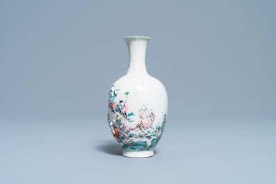 A Chinese famille rose relief-molded 'immortals' vase, Qianlong mark, 19th C.