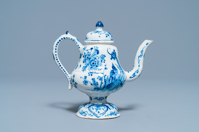 A rare Dutch Delft blue and white 'cadogan' ewer, 1st half 18th C.