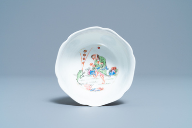 A Chinese famille rose 'Liu Hai' cup and saucer, Yongzheng