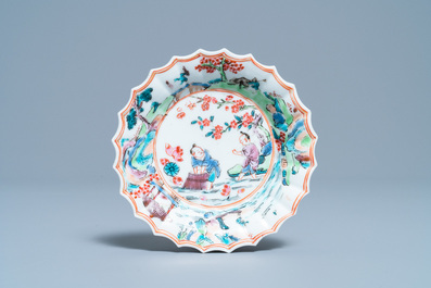 A lobed Chinese famille rose cup and saucer, Yongzheng
