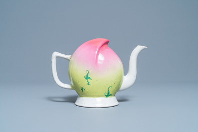 A large Chinese polychrome peach-shaped cadogan teapot, 19th C.