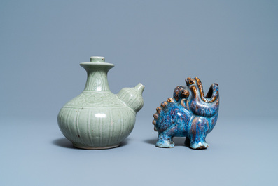 A Chinese celadon-glazed kendi and a Shiwan flamb&eacute;-glazed beast-shaped censer, 18/19th C.