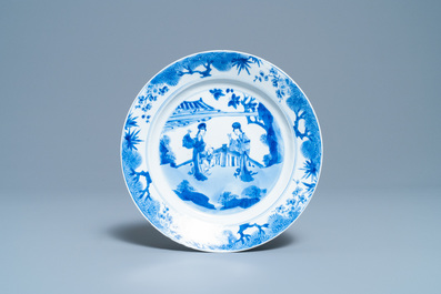 Two Chinese blue and white bowls and a plate, 19th C. and Kangxi