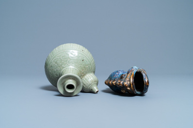 A Chinese celadon-glazed kendi and a Shiwan flamb&eacute;-glazed beast-shaped censer, 18/19th C.