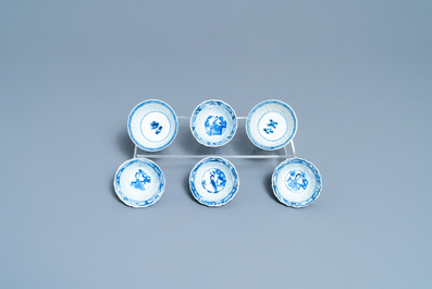 A Chinese blue and white tea caddy, six cups, two saucers and two plates, Kangxi/Yongzheng