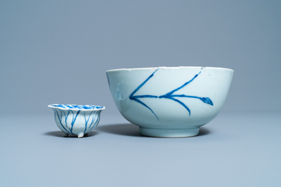 A Chinese blue and white 'phoenix' dish, a 'crab' bowl and a lotus-shaped bowl, Kangxi