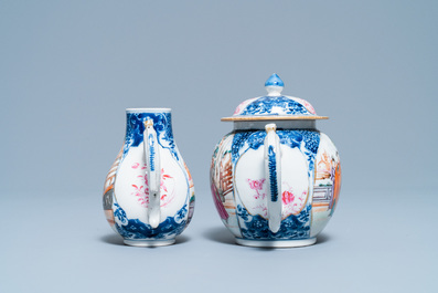 Une th&eacute;i&egrave;re et une verseuse en porcelaine de Chine famille rose &agrave; d&eacute;cor mandarin, Qianlong
