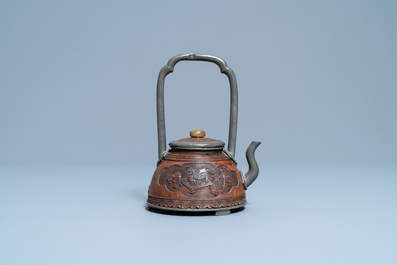 A rare Chinese jade-topped pewter-mounted coconut wine ewer, Kangxi