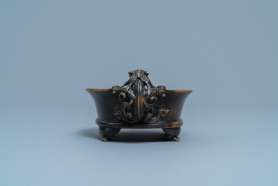 A Chinese chilong-handled bronze censer, Xuande mark, Ming