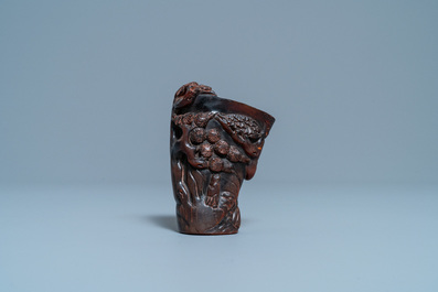 A Chinese carved horn libation cup, Jiaqing