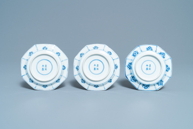 A collection of Chinese blue and white cups and saucers, 19th C.