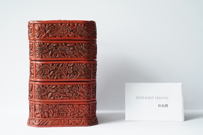 A Chinese red cinnabar lacquer four-tiered box, Wanli