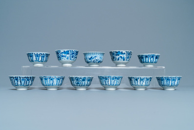 A collection of Chinese blue and white cups and saucers, 19th C.