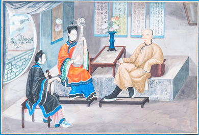 Chinese school, Canton, watercolour on paper, 18/19th C.: 'Two scenes with female musicians'