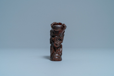 A Chinese carved horn libation cup, Jiaqing