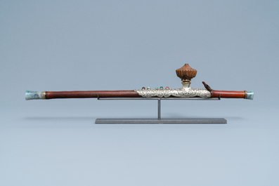 A Chinese bamboo, jadeite and Yixing stoneware opium pipe, 19th C.