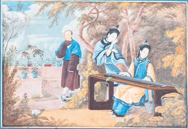 Chinese school, Canton, aquarel op papier, 18/19e eeuw: 'Twee sc&egrave;nes met muzikantes'