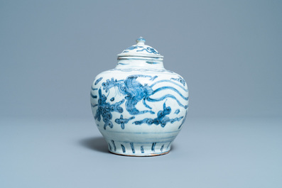 A Chinese blue and white 'phoenix' vase and cover, Ming