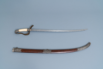 A Chinese or Vietnamese silver, tie li mu wood and bone sword, 19th C.