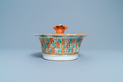 A reticulated Chinese Canton famille rose basket on stand, 19th C.
