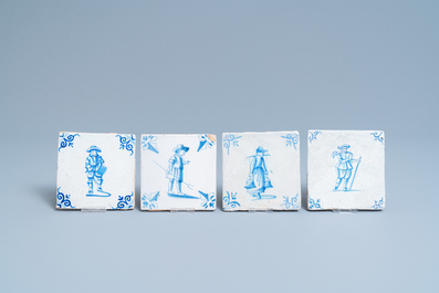 Sixteen Dutch Delft blue and white tiles with figures, 17th C.