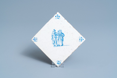 Twelve Dutch Delft blue and white tiles with figures, 17th C.