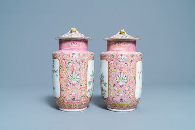 A pair of Chinese famille rose vases and covers, Hongxian mark, Republic